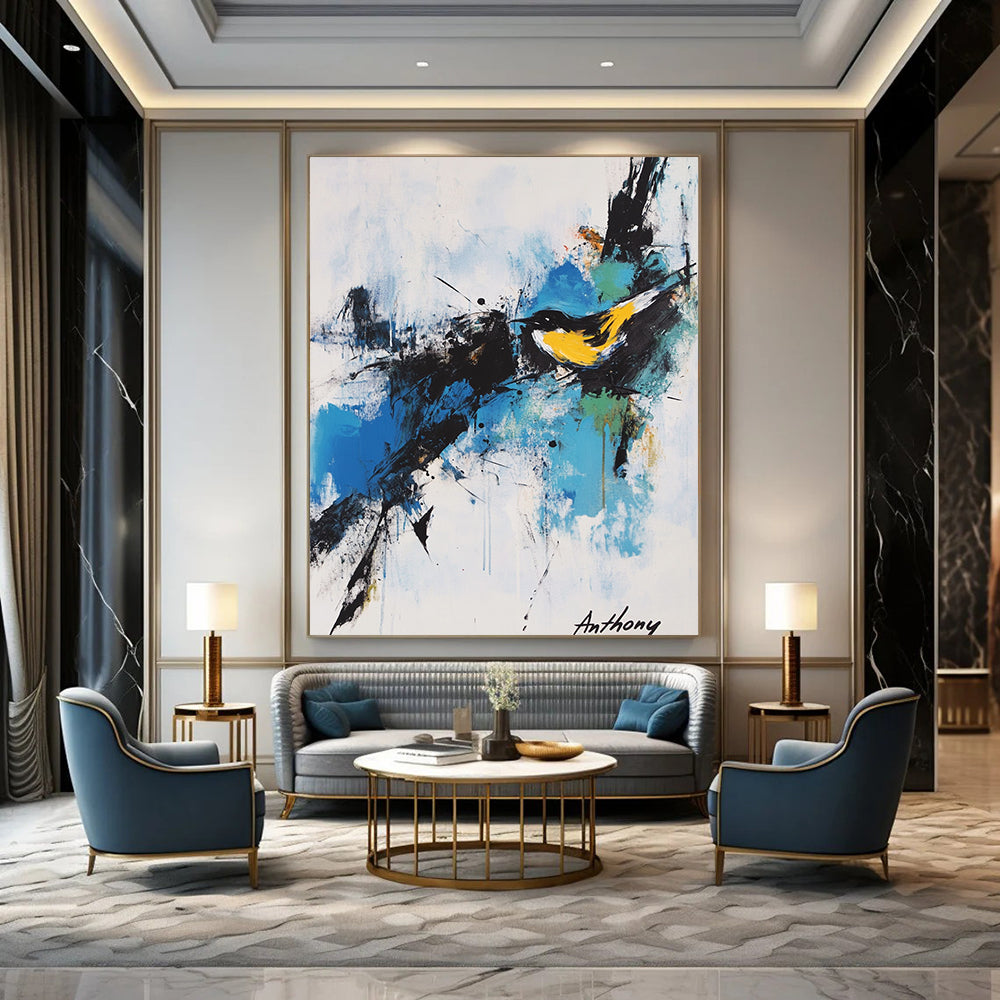 Contemporary hand-painted abstract artwork featuring expressive calligraphy and vibrant splashes of color including a yellow bird against a white background. DLZ0358