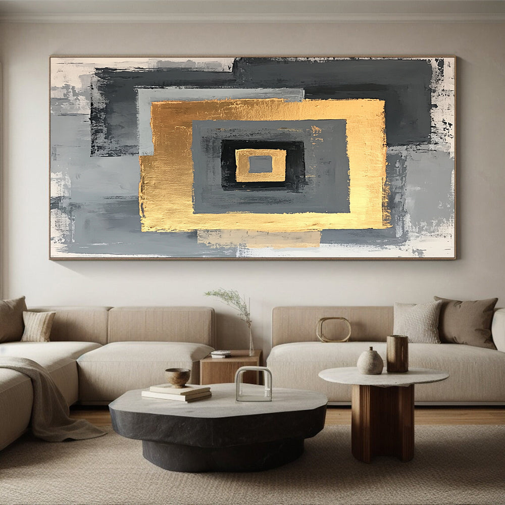 Gray, Black, Gold and White Geometric Squares "Nested Squares" Painting On Canvas HB347