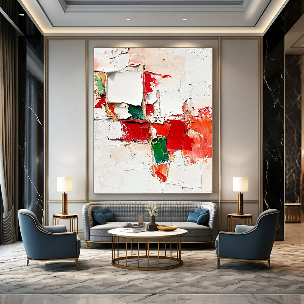 Contemporary abstract artwork showcasing torn pieces in red, green, and white with thick layers, brush strokes, and expressive paint splatters on an off-white background. DLZ0661