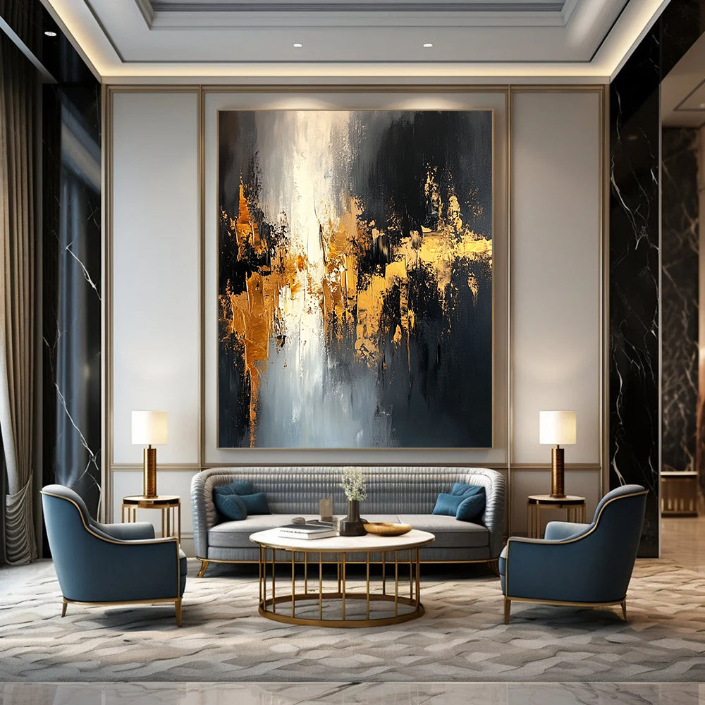 Contemporary hand-painted abstract art featuring black and gold tones with dynamic brushstrokes creating a mysterious urban landscape and intricate depth. DLZ0699