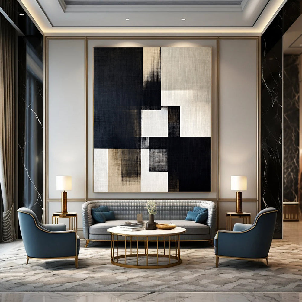 Contemporary hand-painted abstract artwork featuring black, white, and gray geometric shapes on off-white linen with illuminated highlights. DLZ1307