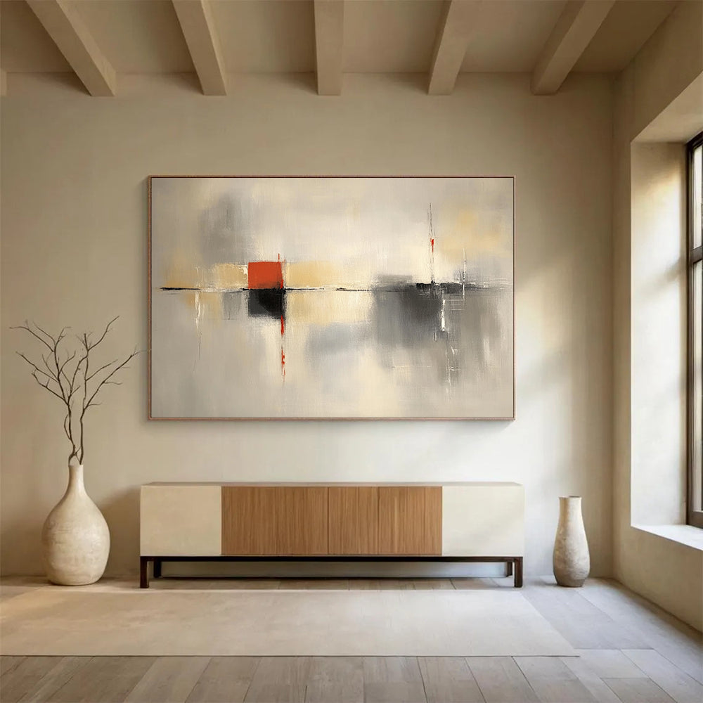 “Gray and Red Abstract Composition” - Gray, beige, white, red; Abstract composition with geometric elements; Acrylic Painting On Canvas HB1283