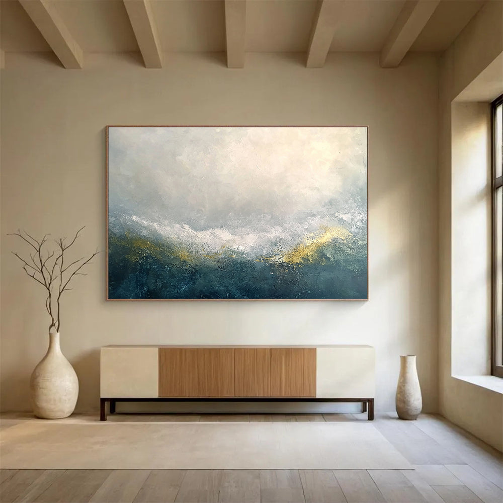 “Mystic Gray - Gold Horizons” - Gray, White, Gold, Abstract Misty Mountain Ranges Painting On Canvas HB1019
