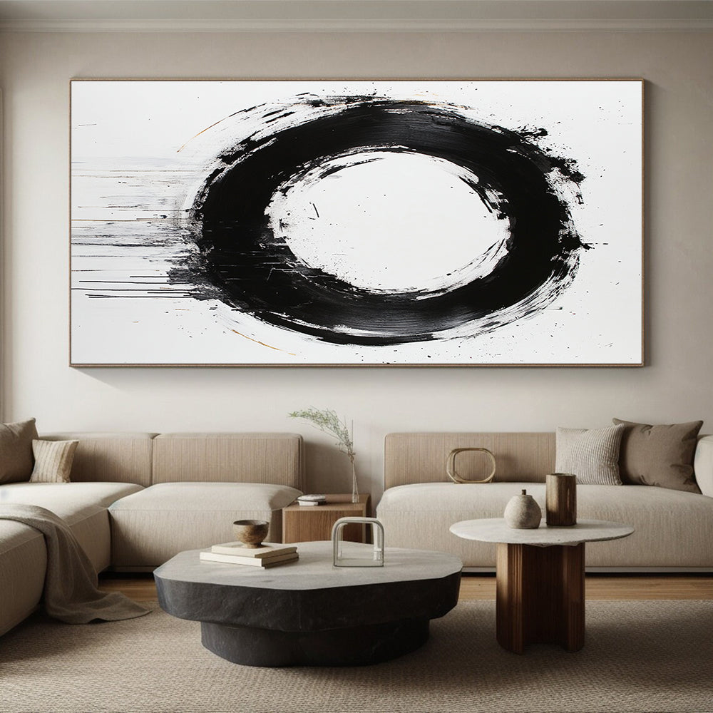 White, Black and Gold Abstract Circle "Refined Enso" Painting On Canvas HB367