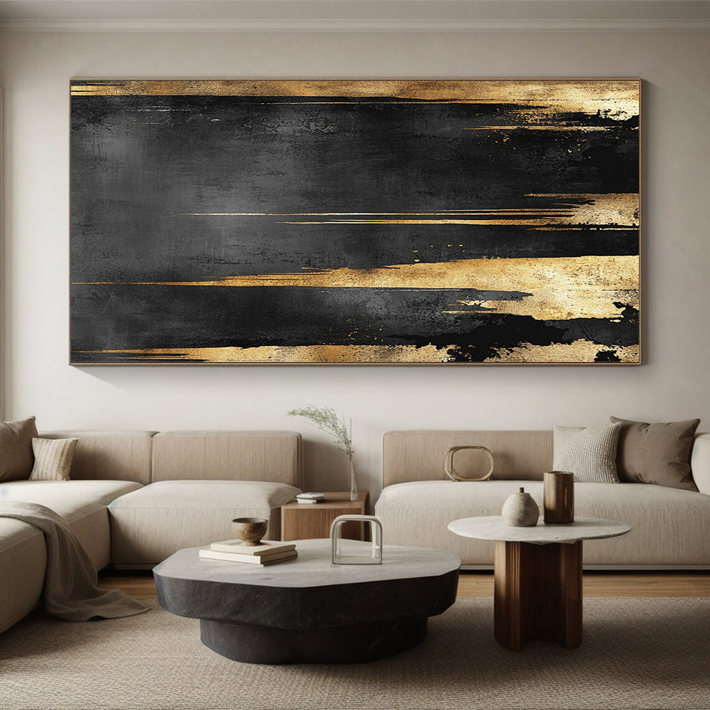 Black, Gray & Gold Dripping Panels - “Monochrome Gilded Falls” Painting On Canvas HB199