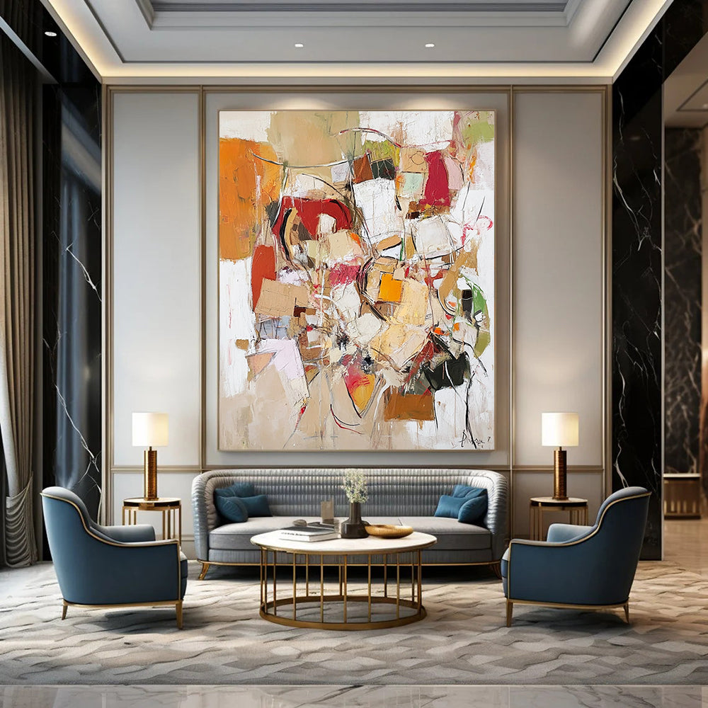Contemporary abstract painting conveying life's chaos with textured elements in neutral tones of red, yellow, green, white, brown, and beige. DLZ1000