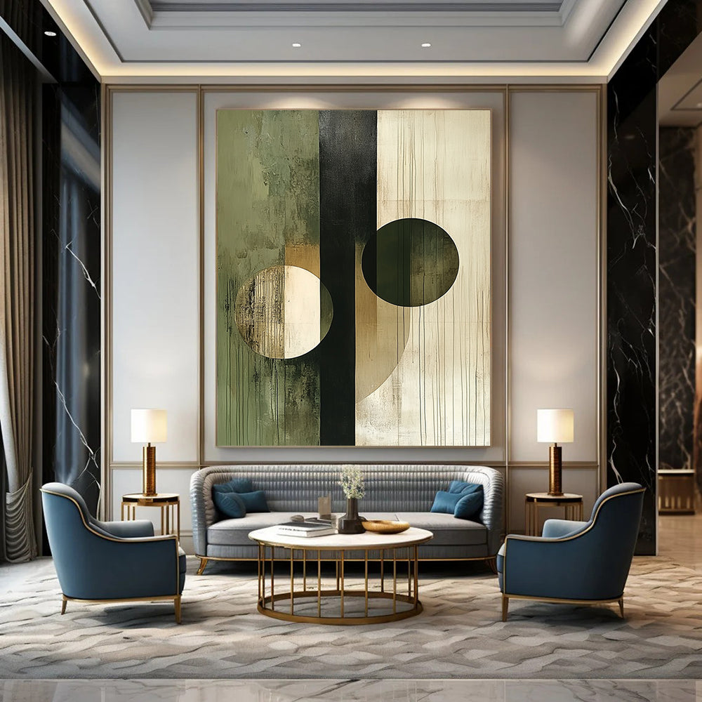 Contemporary abstract artwork featuring circles and lines in beige olive green white and black showcasing deconstructed geometric elements on canvas texture. DLZ0375