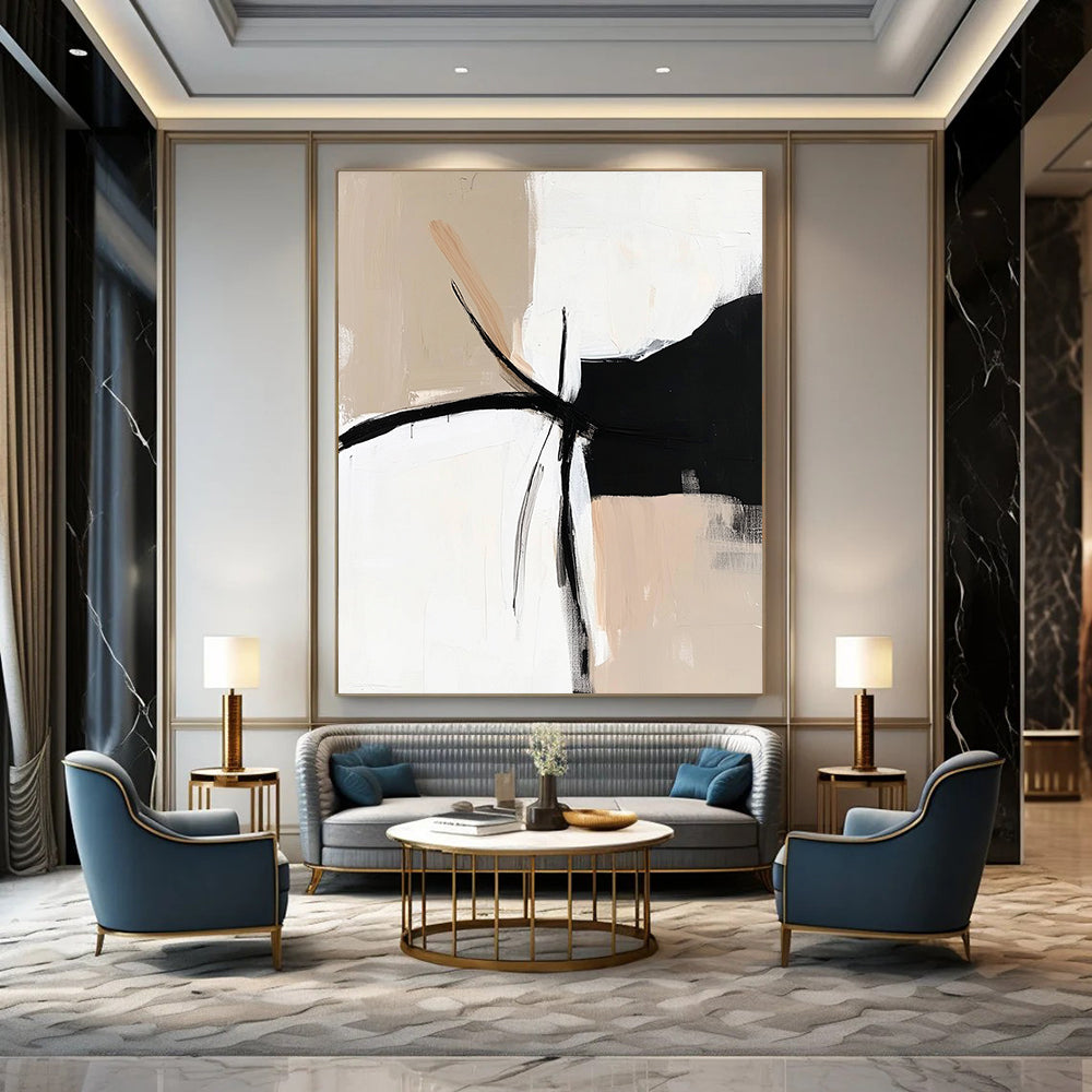 Contemporary hand-painted abstract artwork in black, white, and beige, featuring a minimalist design with an elegant bohemian feel. DLZ0320