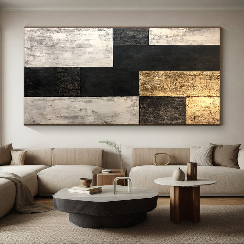 Black, White, Gold, Geometric Blocks "Gilded Monochrome Blocks" Abstract Geometric Painting On Canvas HB171