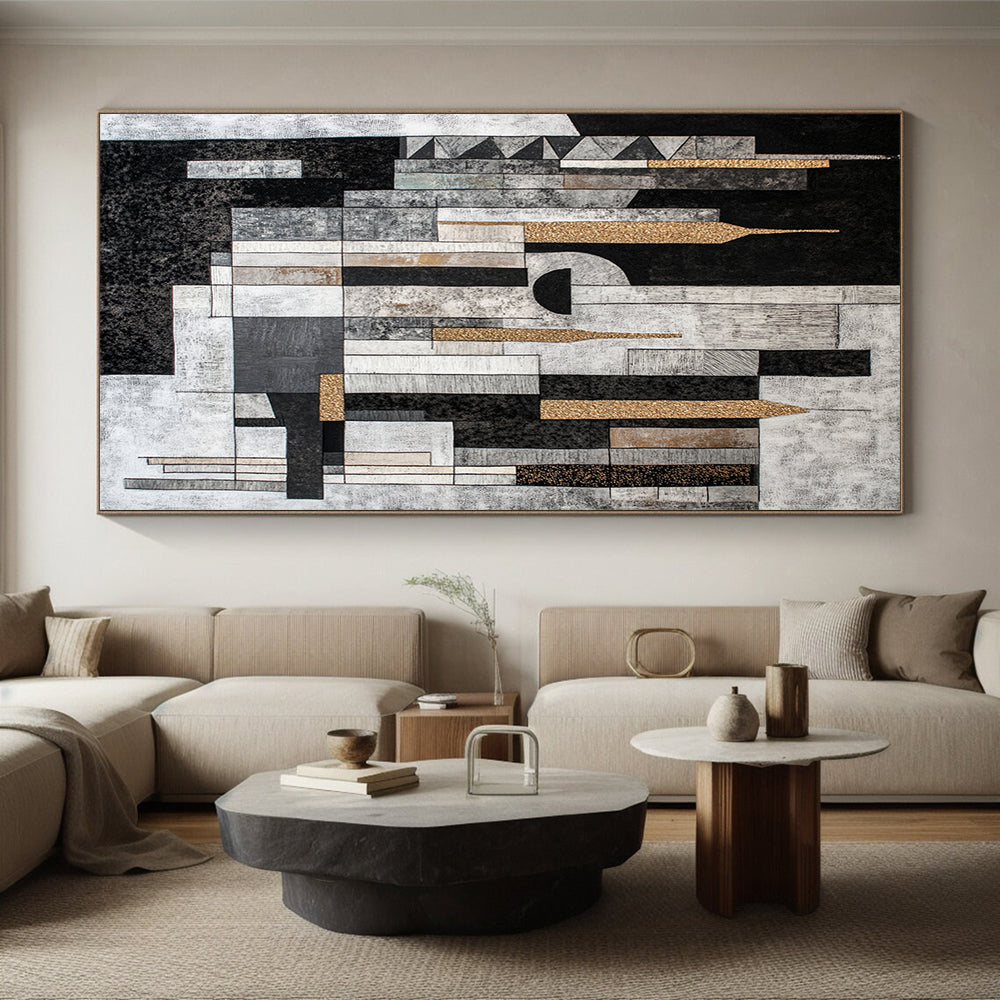 Black, Gray, Beige and Gold Abstract Cityscape "Urban Mosaic" Painting On Canvas HB317