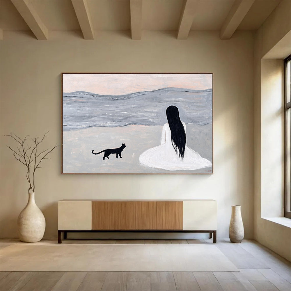 “Woman and Cat by the Sea” - A woman and a black cat sitting by the sea, Minimalist Figurative Painting On Canvas HB0554