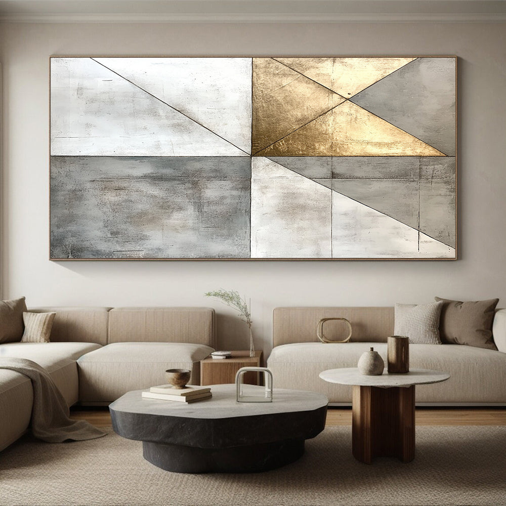 Gray, White, Gold, Geometric Triangles "Gilded Pyramid" Abstract Minimalist Painting On Canvas HB141