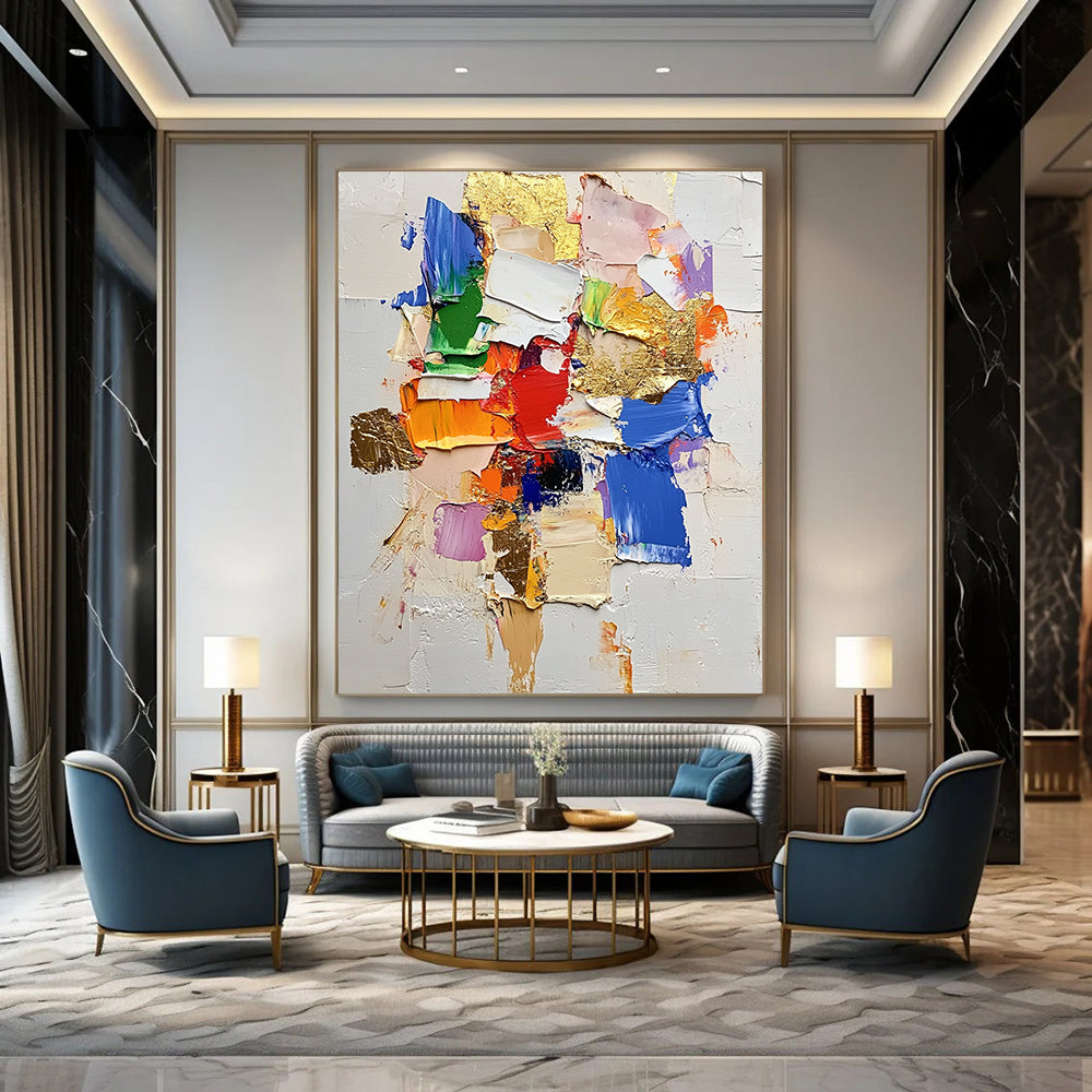 Contemporary hand-painted abstract art featuring textured thick paint vibrant color blocks and elegant gold foil accents on a white background. DLZ0682