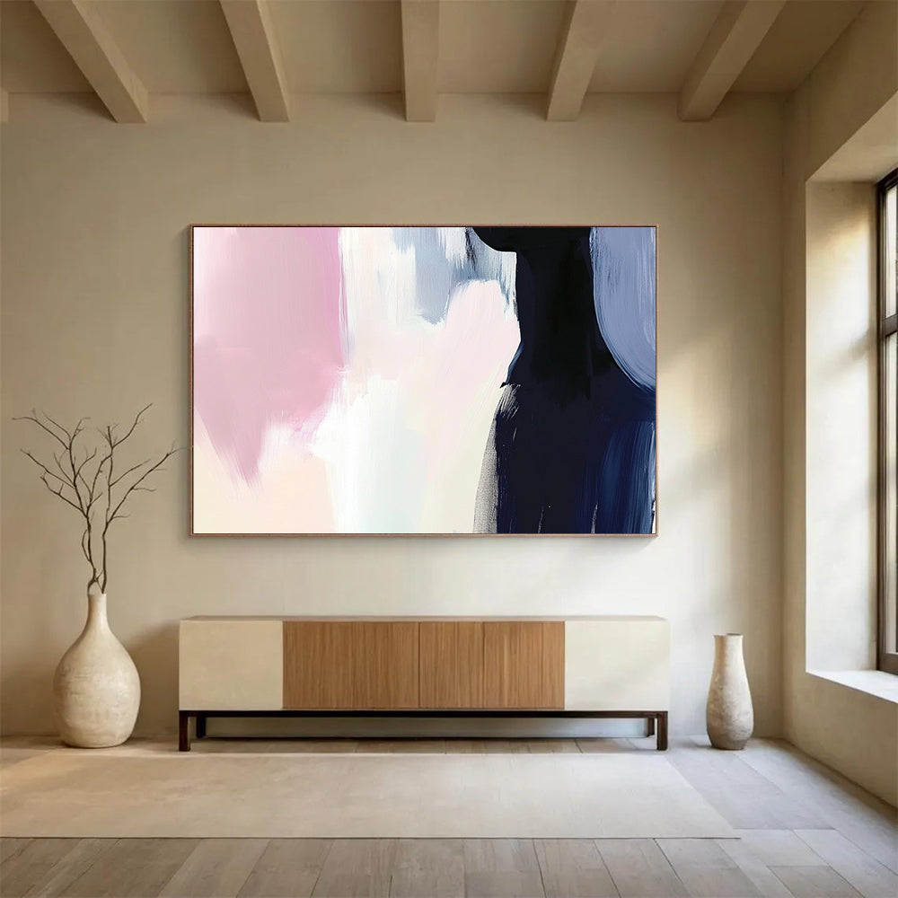 Soft Pink and Blue with Dark Silhouette - Minimalist Abstract Painting On Canvas HB0499