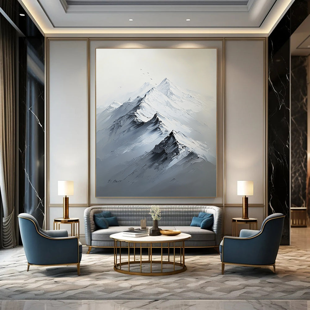 Contemporary hand-painted abstract artwork featuring a large snow-capped mountain range in white and gray tones with rich textures and strong light contrast. DLZ1290