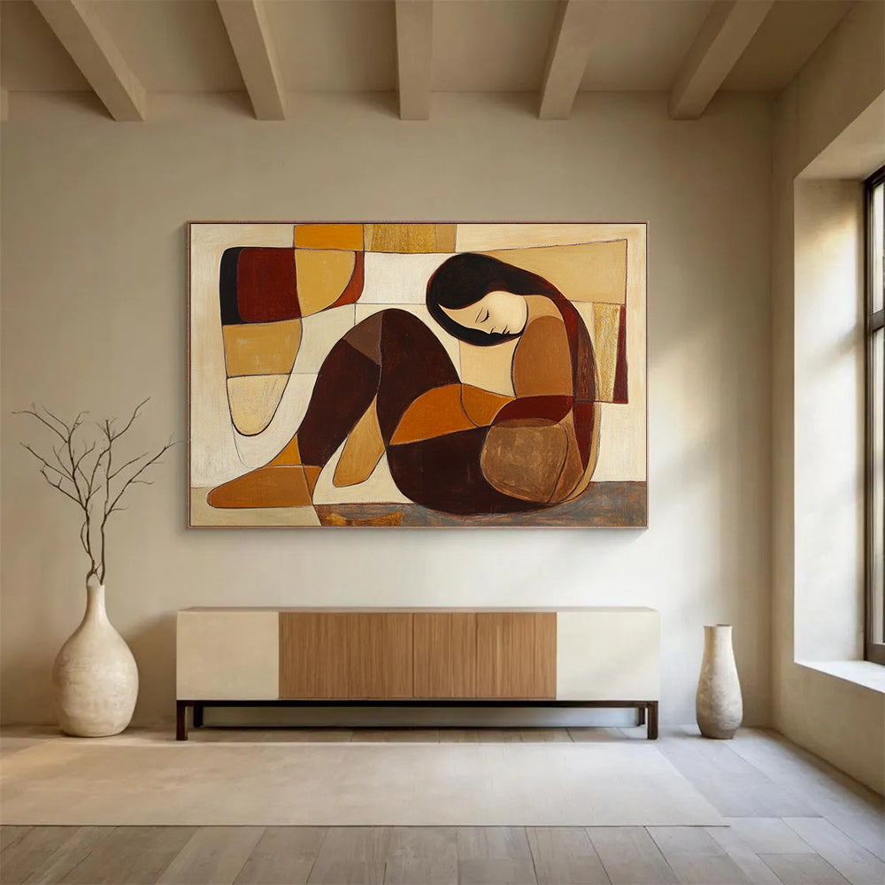 “Cubist - Style Figure” - Brown, beige, orange, Cubist Figurative Painting HB0634
