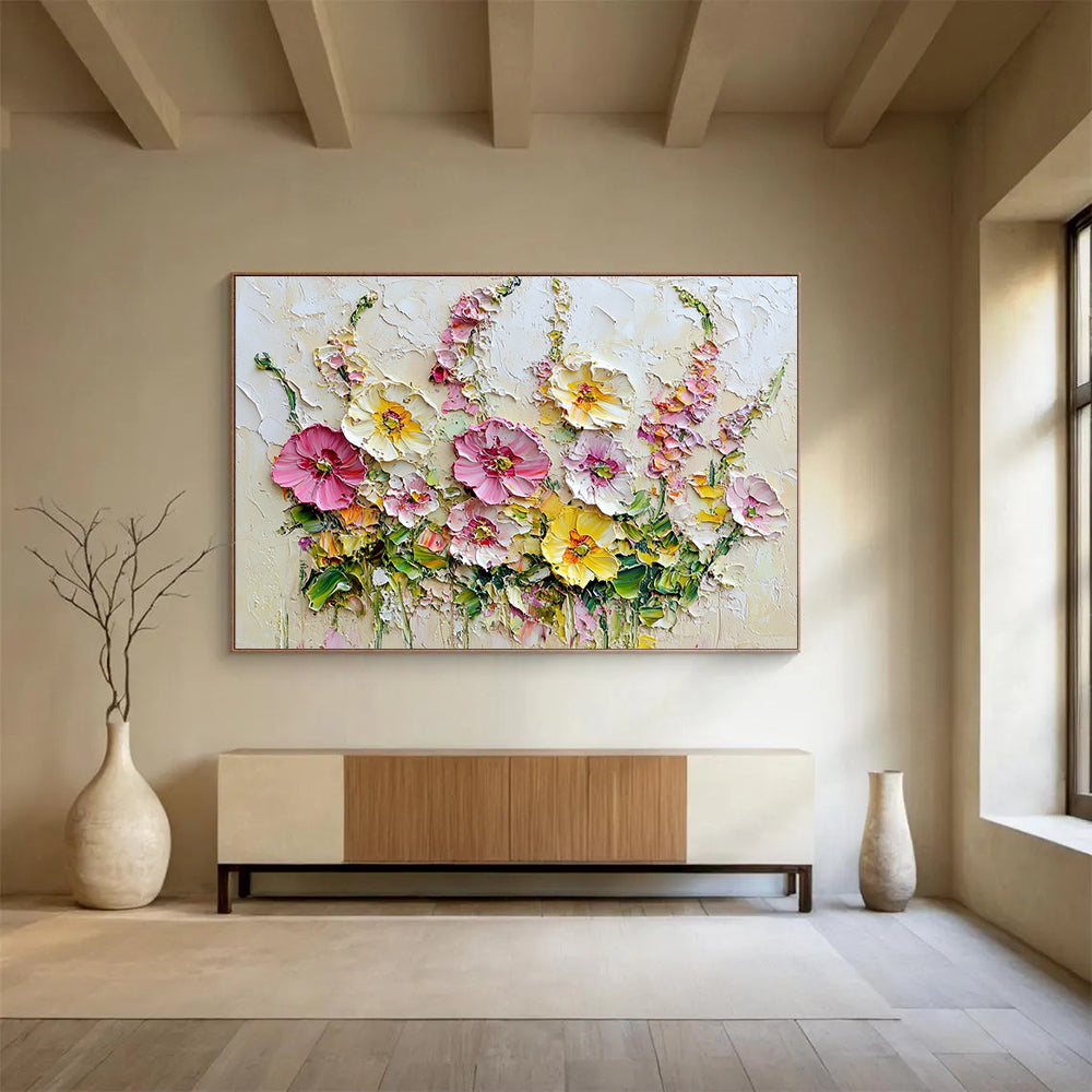 “Textured Floral Bouquet” - Pinks, Yellows, Greens, Thickly Painted Flower Bouquet - Impasto Oil Painting HB1744