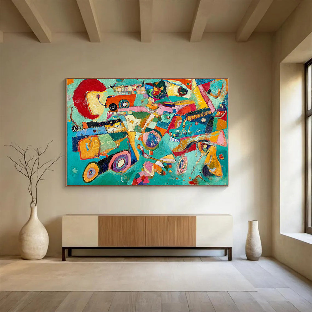 “Colorful Abstract Chaos” - Teal, red, yellow, pink, Abstract Expressionist Painting HB0643