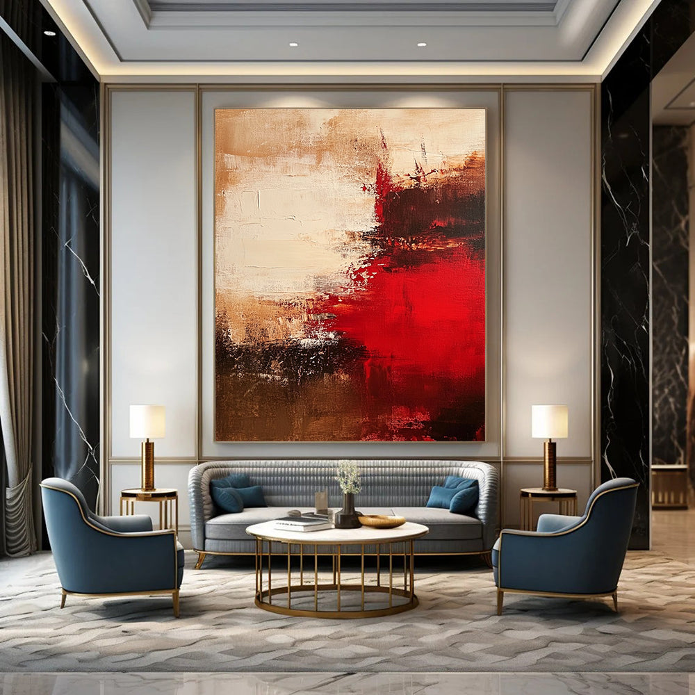 Contemporary hand-painted abstract art featuring rich red beige and brown tones ideal for modern decor. DLZ0764