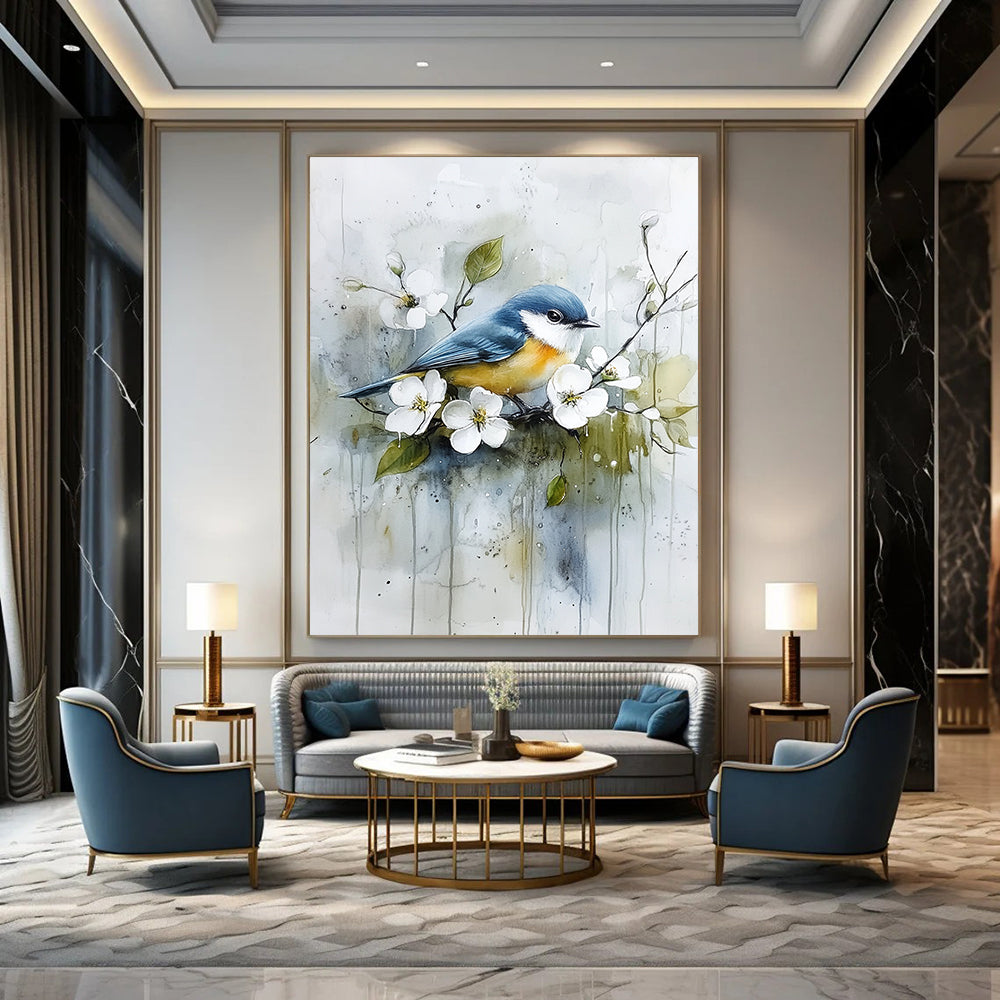 Contemporary abstract art featuring a blue and yellow bird on a branch among white flowers and green leaves with soft watercolor effects. DLZ1122
