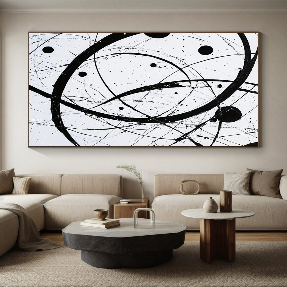 Black, White, Intertwined Circles "Monochrome Orbits" Abstract Modernist Painting On Canvas HB102