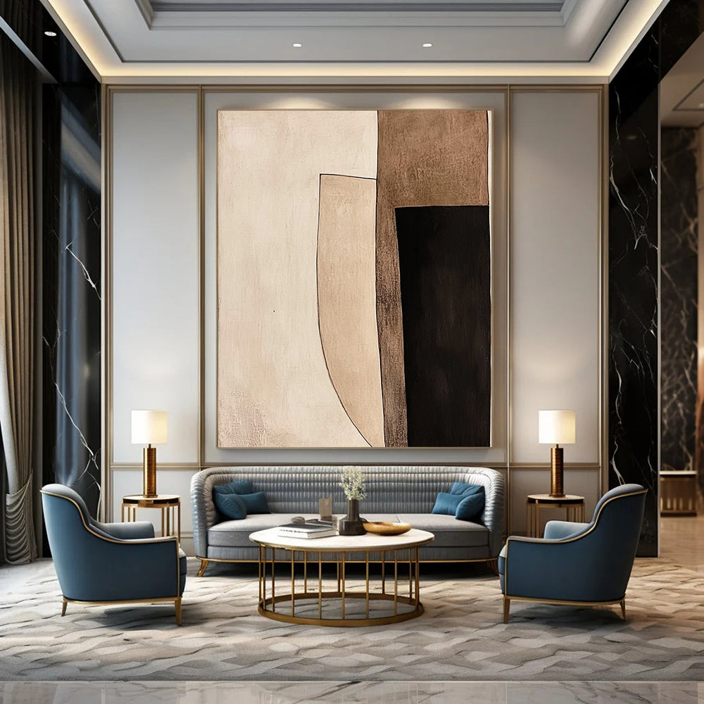 Contemporary hand-painted abstract art with geometric shapes featuring light brown and black tones bordered in white against a minimalist beige background. DLZ1424