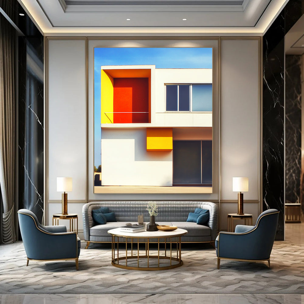 Contemporary abstract art featuring a minimalist white structure with vivid orange and yellow accents set against a clear blue sky background. DLZ1640