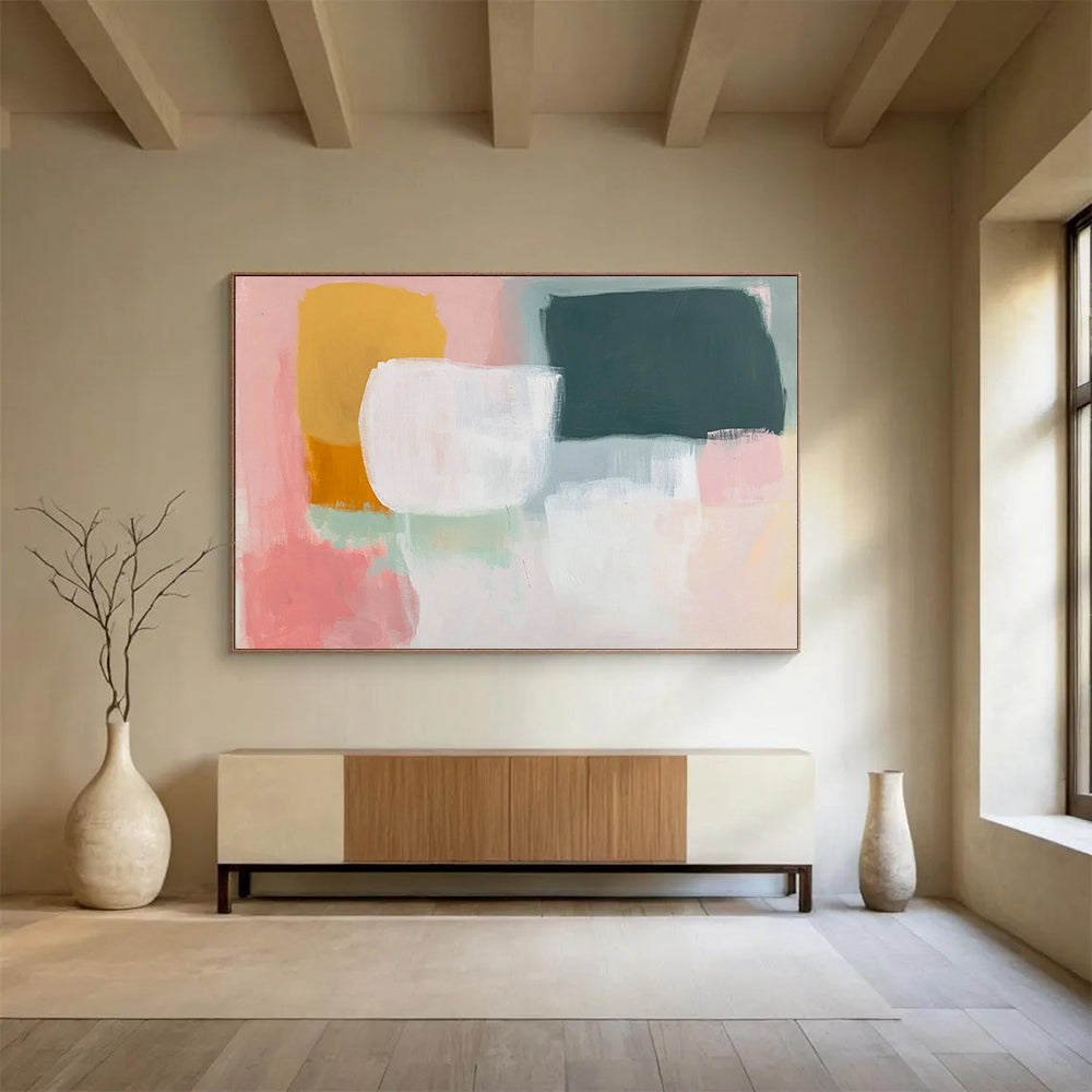“Pastel Color Blocks” - Pink, yellow, green, white, Soft Abstract Painting HB0619