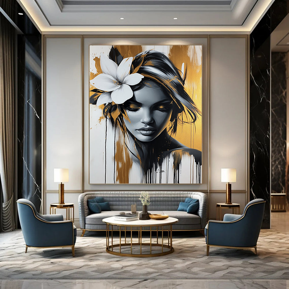 Contemporary abstract artwork featuring an elegant woman with a white flower, gold and black palette, dripping paint effect against a white background. DLZ1404