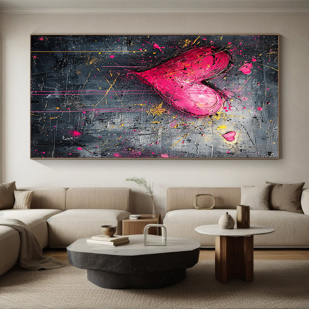 Pink Hearts with Splattered Yellow & Red - “Passionate Urban Hearts” Painting On Canvas HB212