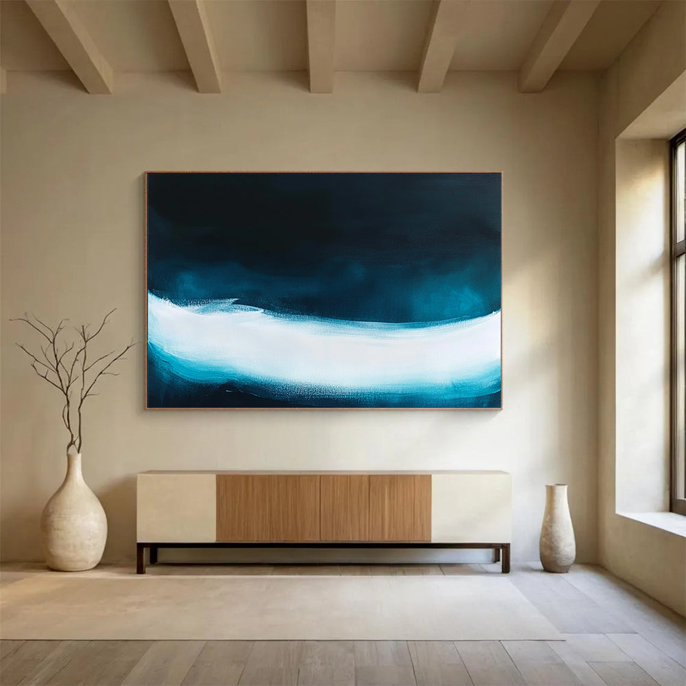 “Dark Blue with Light Blue - White Wave” - Minimalist Abstract Painting On Canvas HB0508