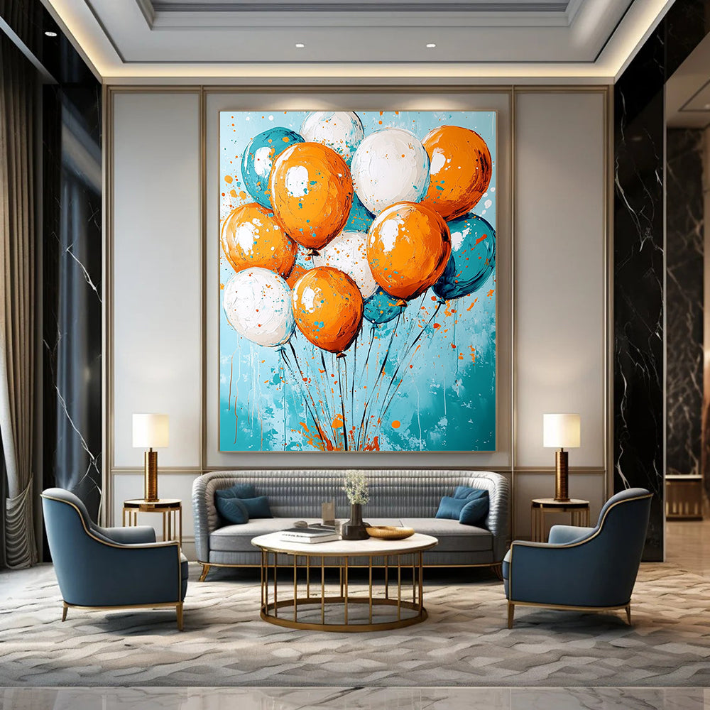 Contemporary abstract artwork featuring vibrant orange and teal colors, joyfully celebrating with floating balloons and dynamic paint splashes. DLZ0279