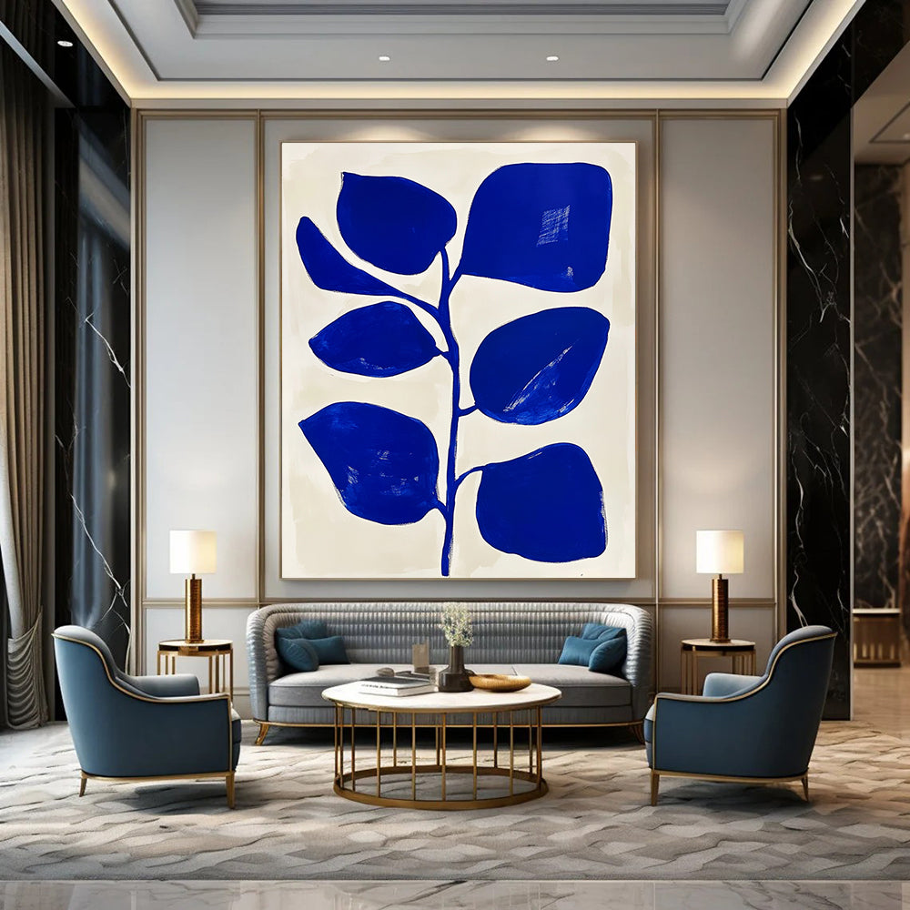 Contemporary hand-painted abstract artwork featuring a blue and white floral design with simple shapes and flat colors in Matisse style. DLZ1153