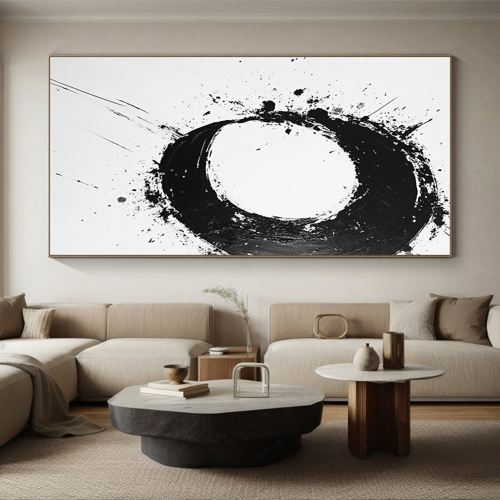 Black Splattered Circular Ink - “Expressive Enso Mark” Painting On Canvas HB232