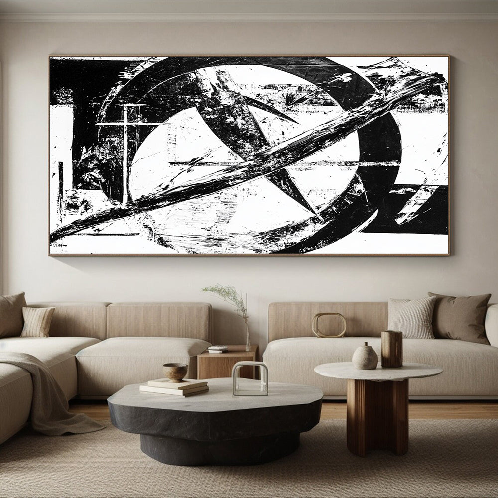 Black & White Abstract Geometric Marks - “Monochrome Urban Graffiti” Painting On Canvas HB221