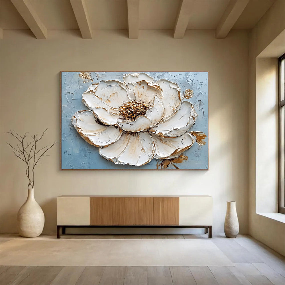 “Textured White Flower with Gold” - White petals, gold accents, blue background, 3D Floral Painting On Canvas HB0598