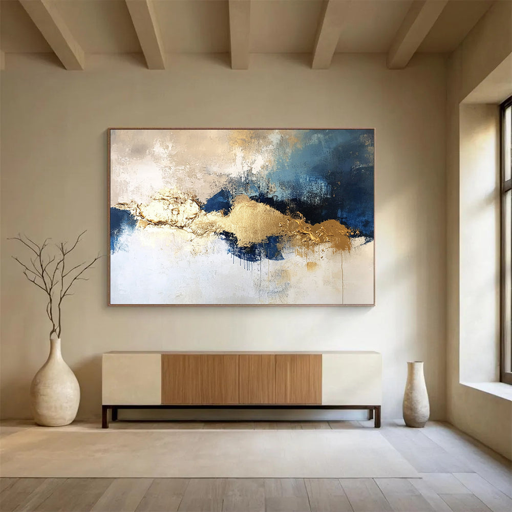 “Textured Gold - Blue - Gray Clouds” - Gold, Blue, Gray, White, Cloud - Like Shapes Painting On Canvas HB0823