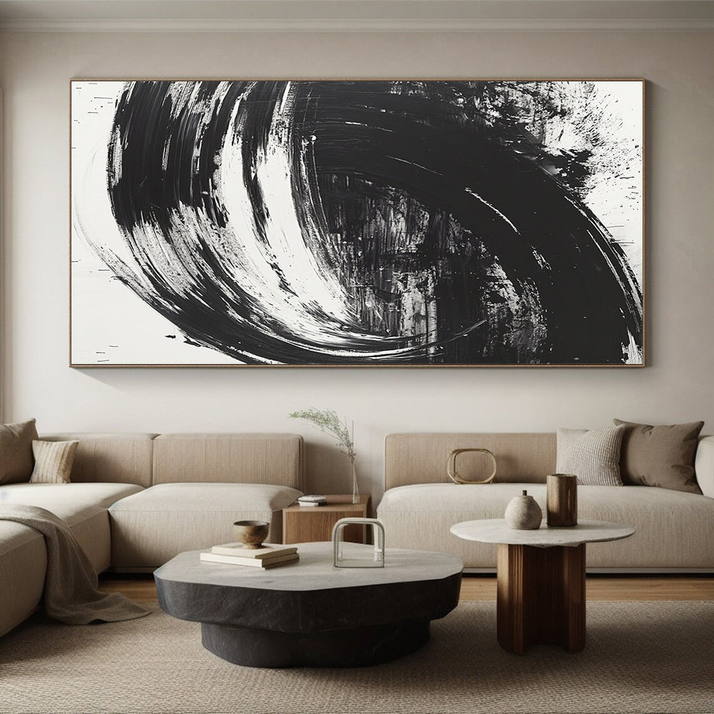 Black, White, Swirling Strokes "Monochrome Vortex" Abstract Modernist Painting On Canvas HB093