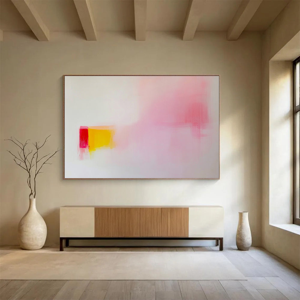 “Soft Color Block Abstraction” - Pink, yellow, red blocks, white background, Minimalist Color Field Painting On Canvas HB0605