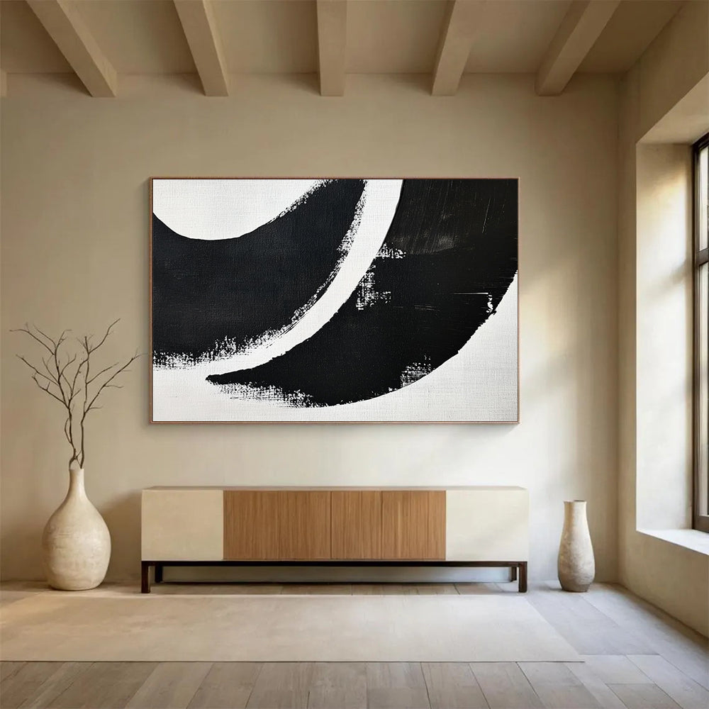 Black and White Curved Abstract Shapes - Graphic Abstract Painting On Canvas HB0493