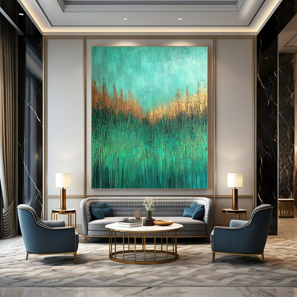 Contemporary abstract painting depicting a textured grassy meadow in aqua green and brown shades on canvas with UHD quality. DLZ0597
