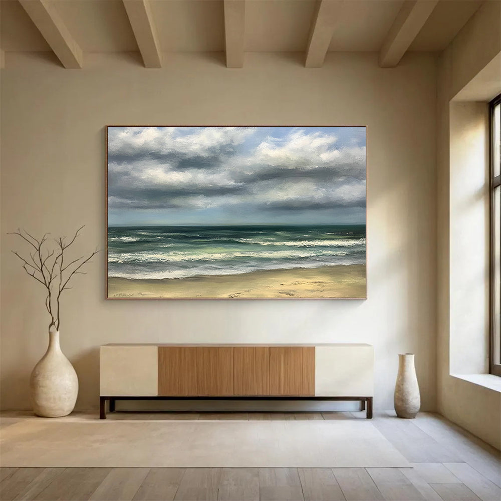 Green, Blue, Gray and Beige Cloudy Seaside "Calm Coast" Painting On Canvas HB0671