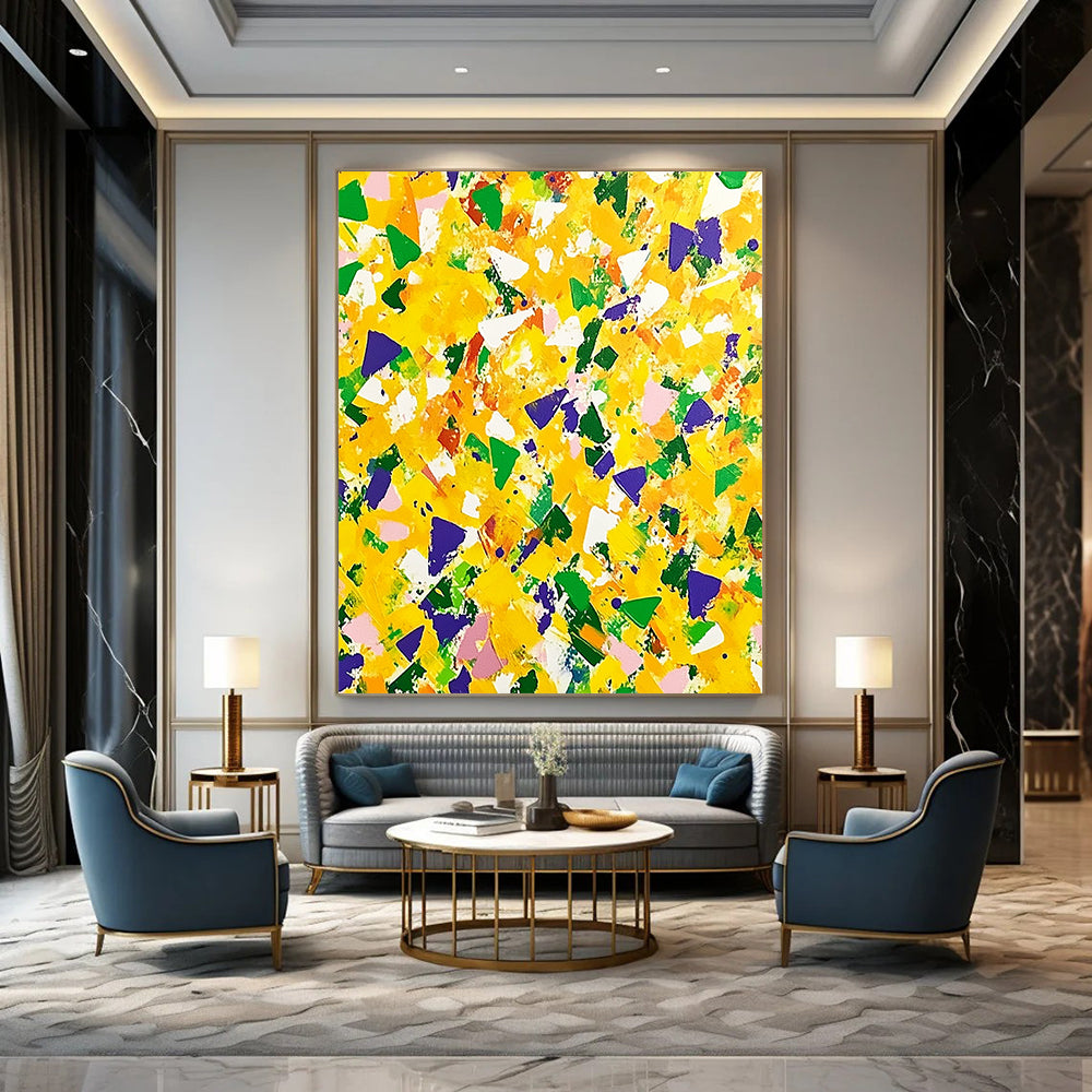 Contemporary hand-painted abstract artwork featuring vibrant yellow and green with purple accents, dynamic shapes, and energetic brushstrokes for a joyful atmosphere. DLZ1505