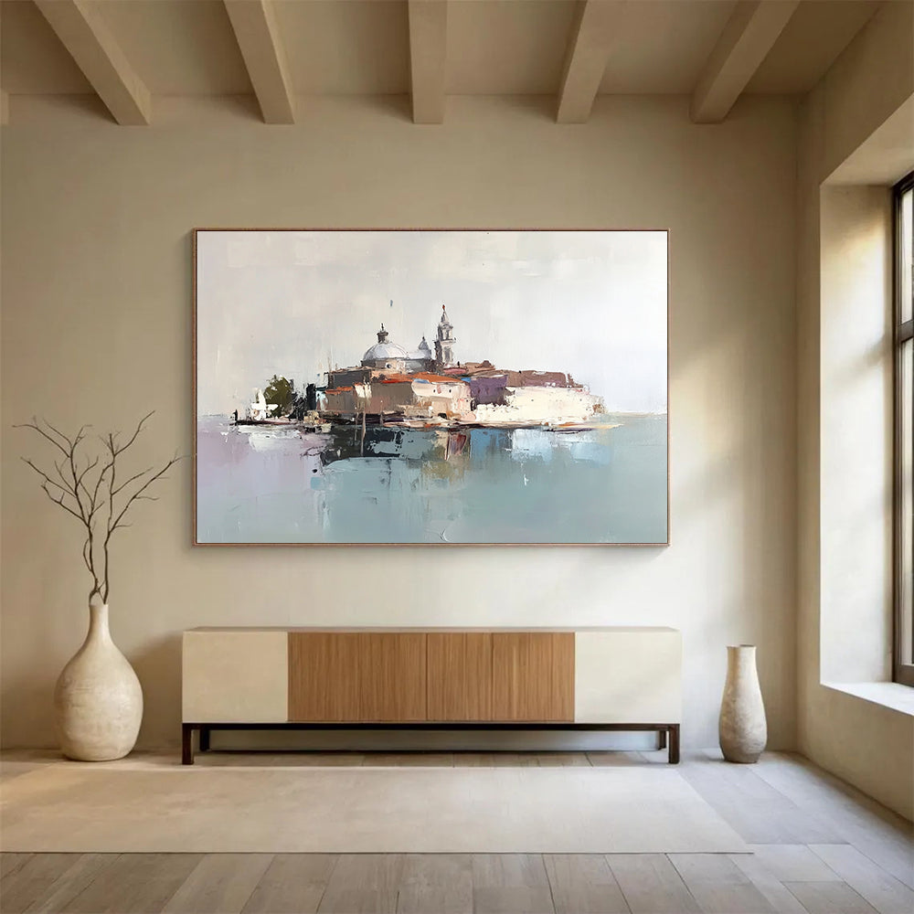 “Abstract Venetian Island” - Browns, Greys, Blues, Purple, Island Scene - Abstract Oil Painting HB1578