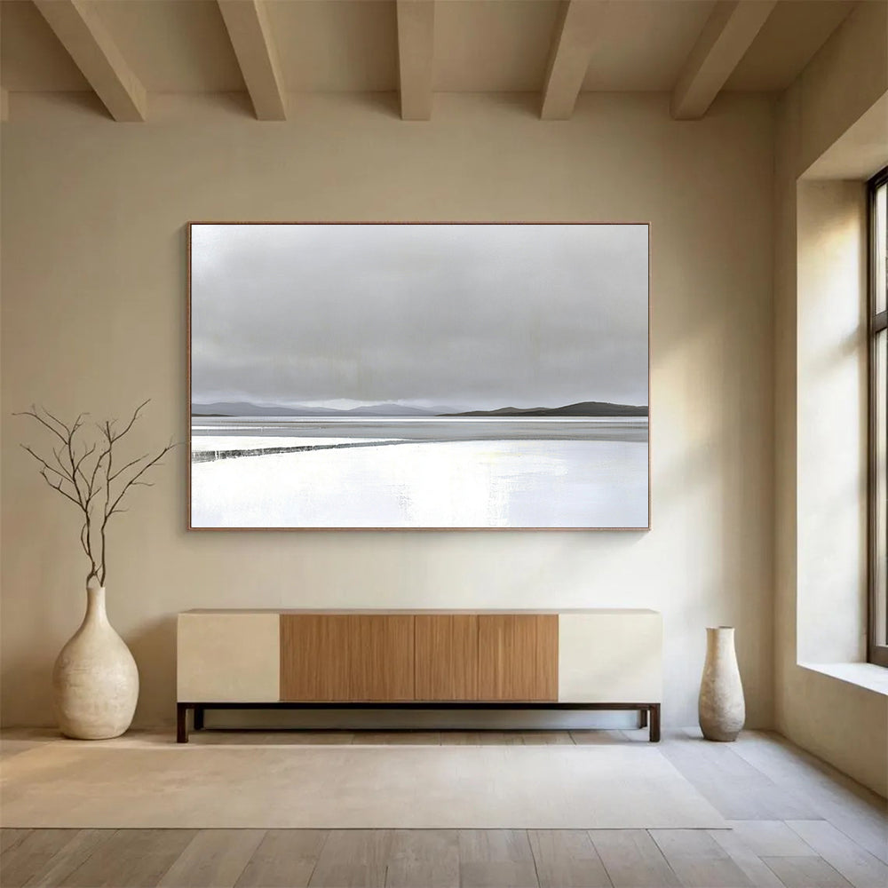 “Misty Lake Landscape” - Gray, white, blue, minimalist, Landscape Painting HB0624