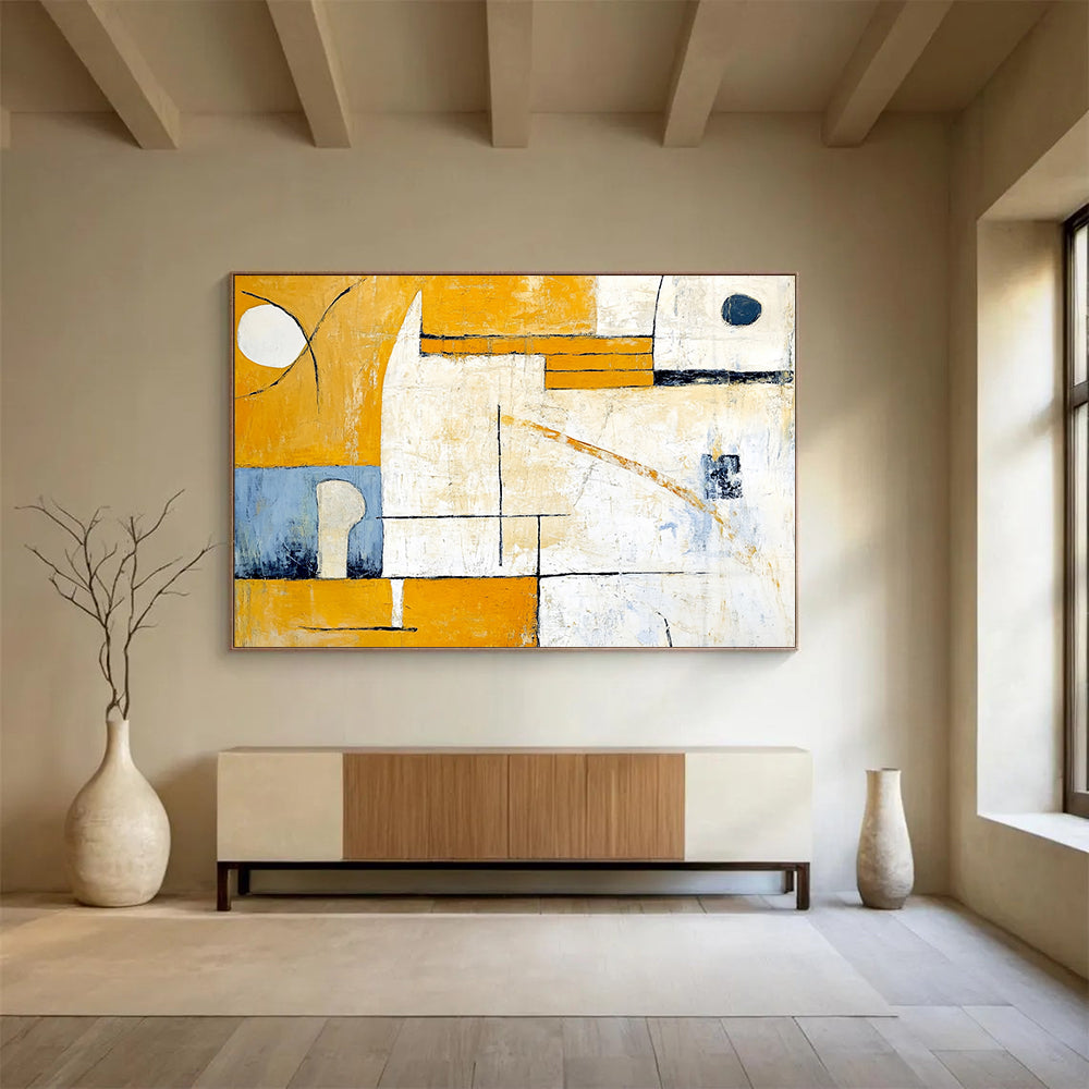 “Yellow - Blue Geometric Abstraction” - Yellow, Blue, White with Geometric Shapes - Abstract Acrylic Painting HB1352