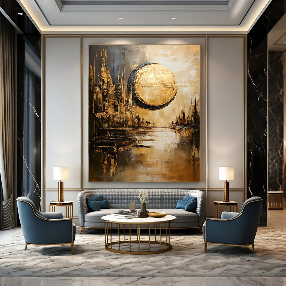 Contemporary abstract artwork features a dystopian cityscape with a sun and moon in gold and gray hues reflecting on water in a dreamy atmosphere. DLZ1094