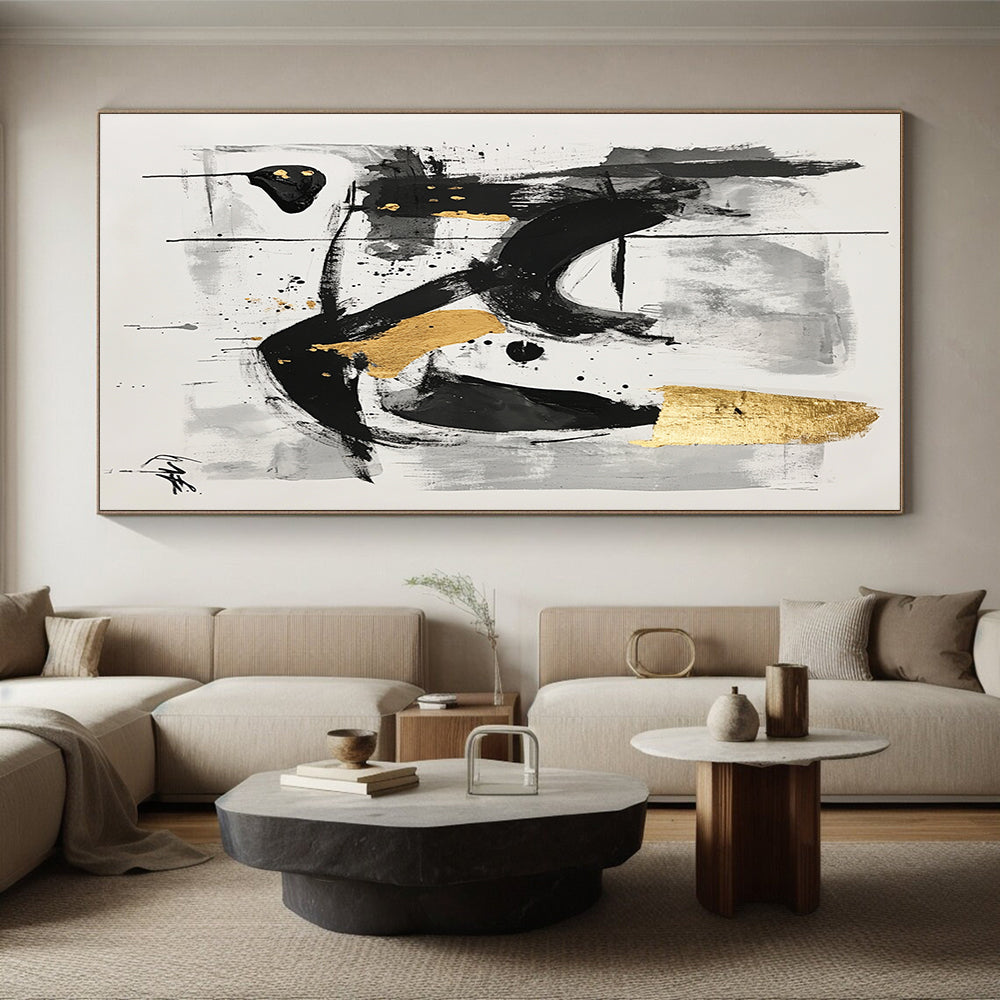 Black, Gray and Gold Abstract Swirls "Mysterious Whirl" Painting On Canvas HB326