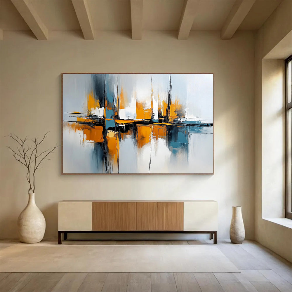 “Harbor Impressions” - Orange, Blue, Gray, Abstract Boats Painting On Canvas HB1038