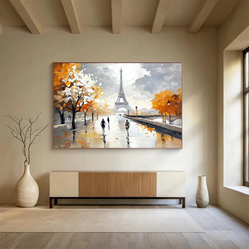 “Autumn in Paris” - Oranges, Grays, Whites, Eiffel Tower and Tree - Lined Path in Autumn - Impressionist Oil Painting HB1715